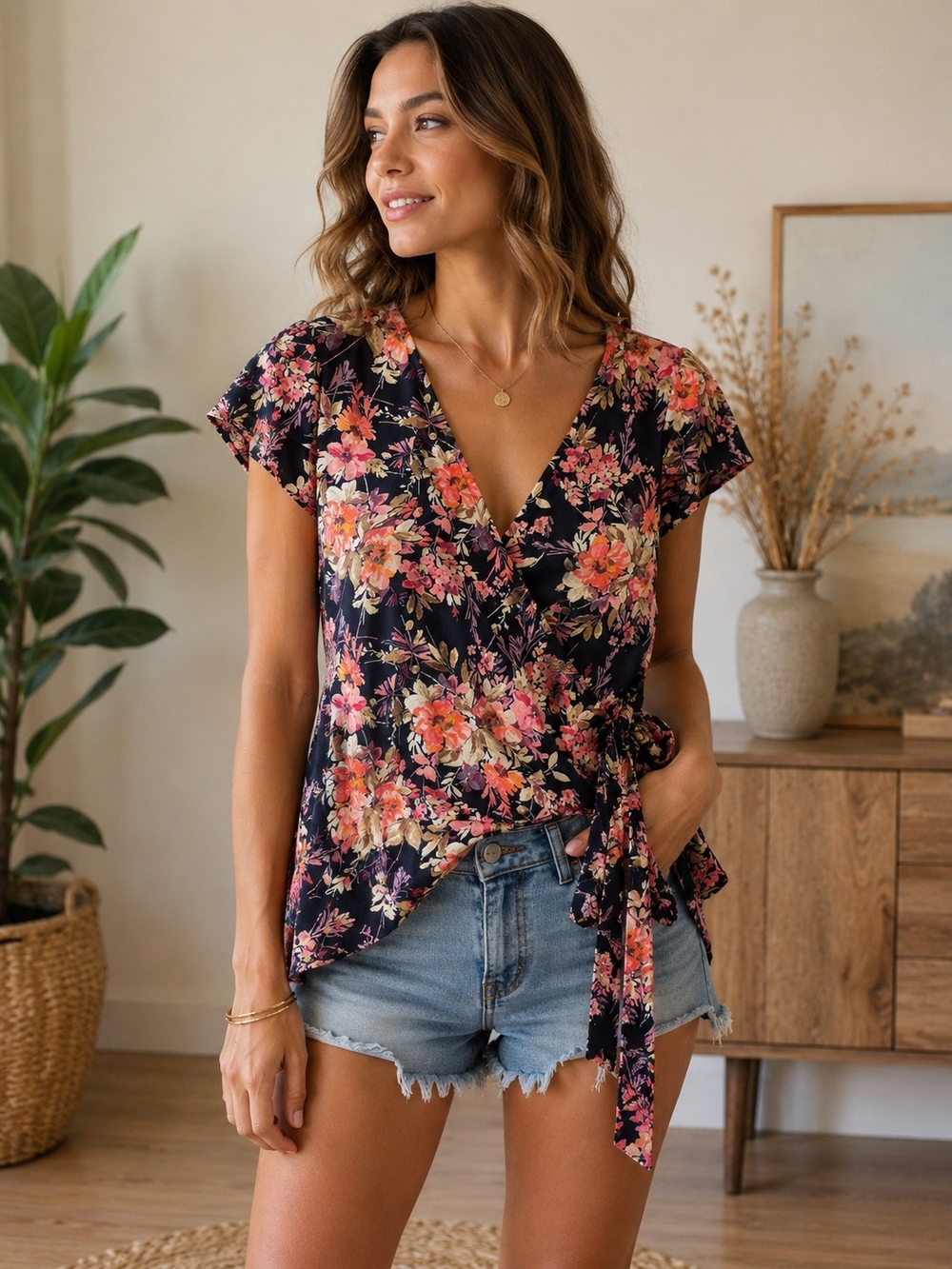AUW Navy Floral Wrap Top with Pink and Coral Blooms
